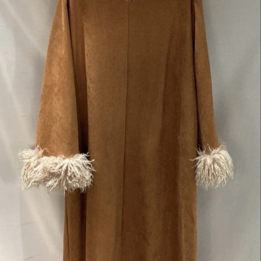 Rusttydustty Womens Brown Fur Trim Collar Open Front Overcoat Size 4XL - Picture 2 of 5